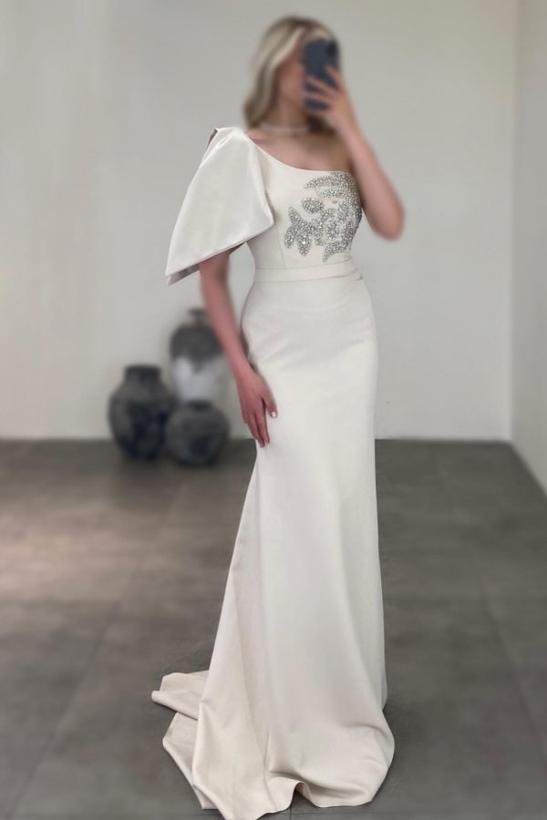 Elegant One Shoulder Mermaid Satin Ruffle Floor Length Prom Dress with Sequins