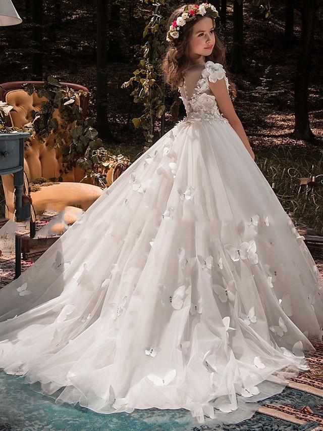 White Long A-line Jewel Neck Tulle Flower Girl Dresses with Appliques Lace