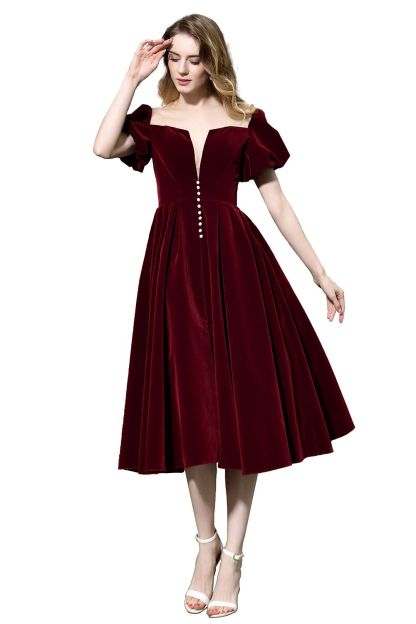 Burgundy Velvet Bubble Sleeve V-neck Short Prom Dress