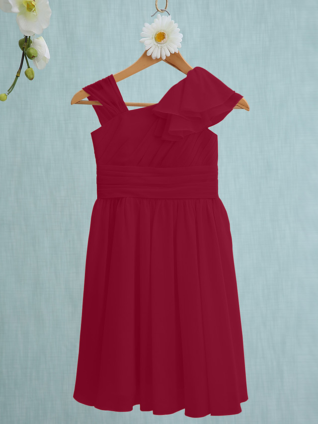 Sheath / Column Straps Knee Length Chiffon Junior Bridesmaid Dress With Ruffles / Side Draping / Natural