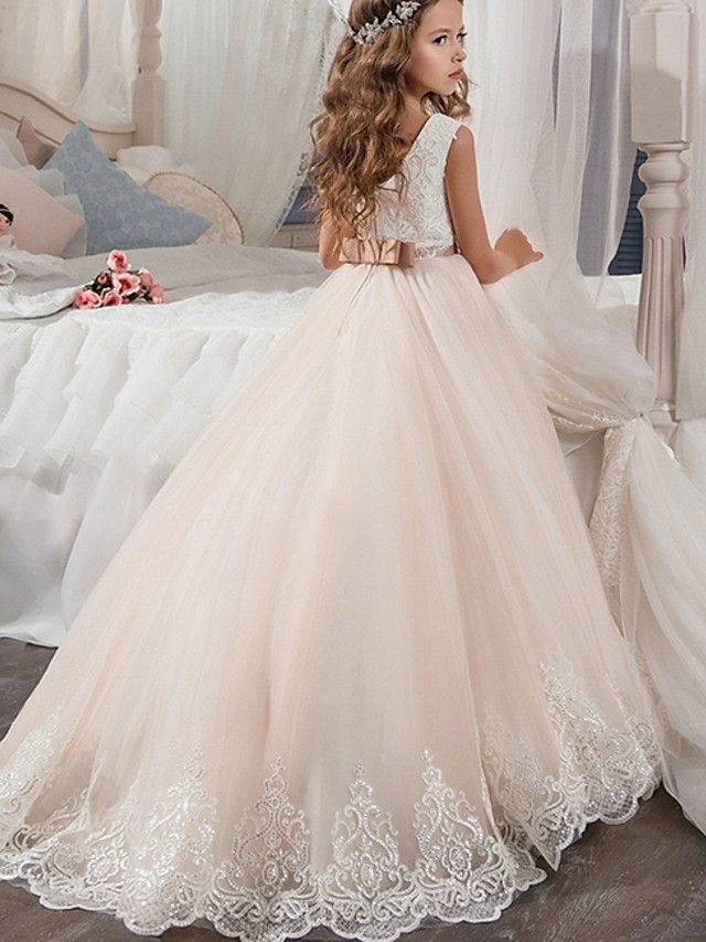 Long A-line Floor Length Tulle Sleeveless Jewel Neck Flower Girl Dresses