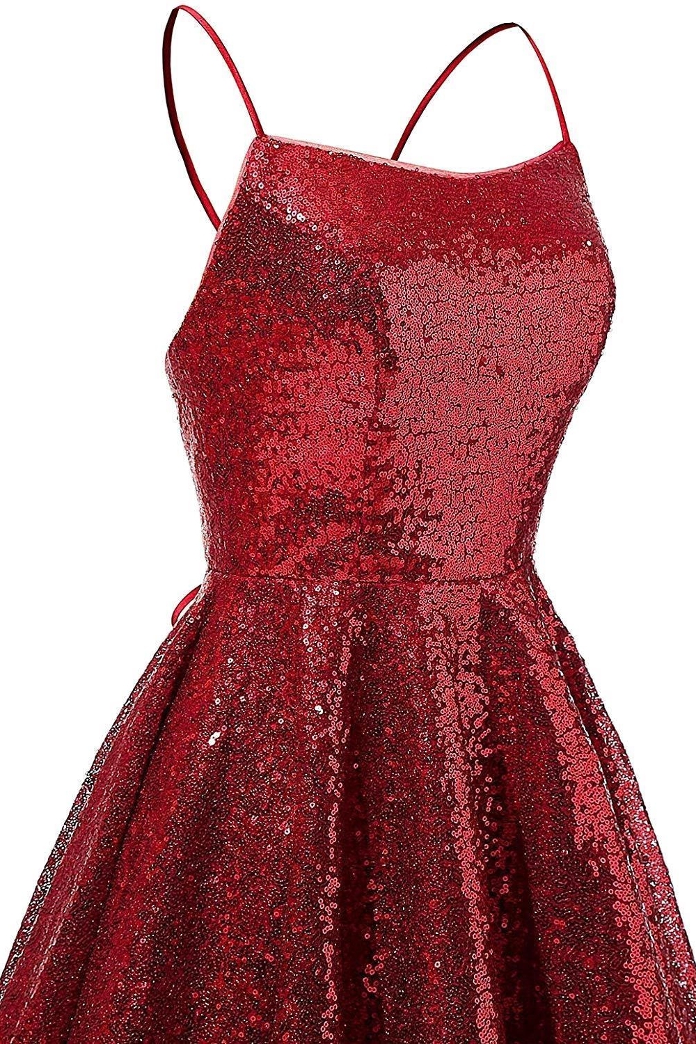 Short A-line Sparkly Spaghetti Straps Sequins Backless Homecoming Dresses