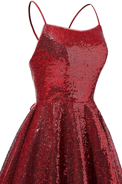Short A-line Sparkly Spaghetti Straps Sequins Backless Homecoming Dresses