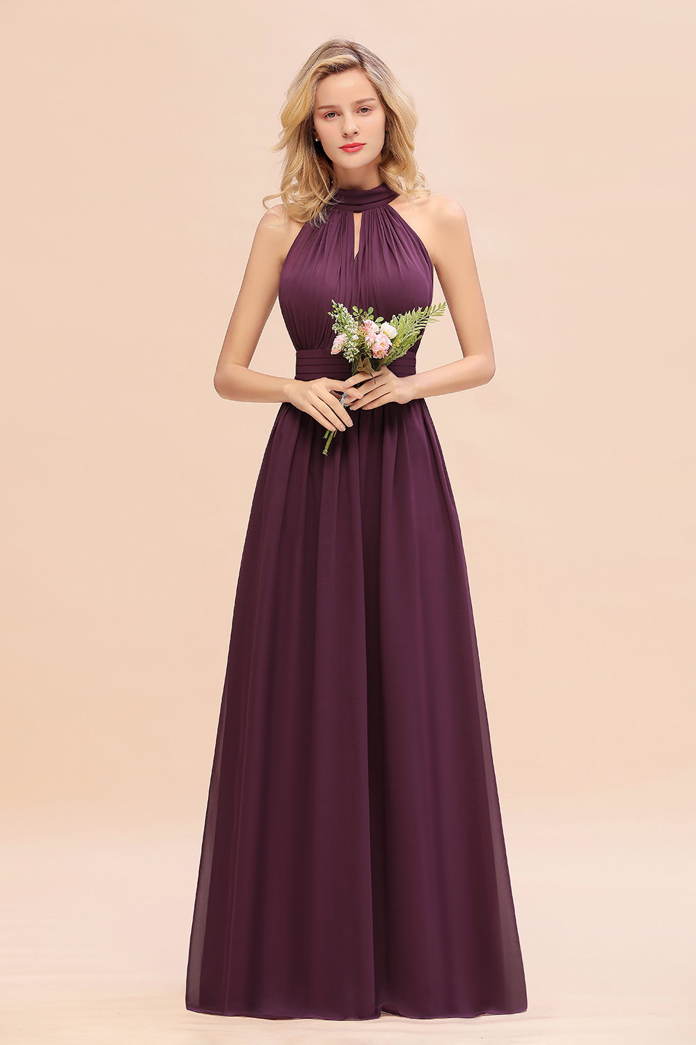 BM0758 Glamorous High-Neck Halter Bridesmaid Affordable Dresses with Ruffle
