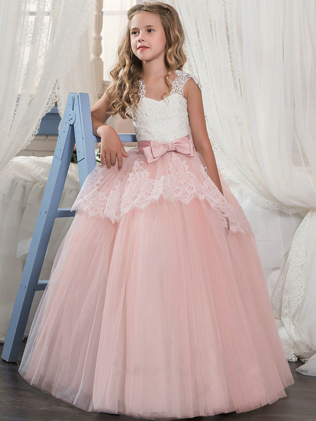 Long A-line Tulle Lace Sleeveless Flower Girl Dresses with Bow