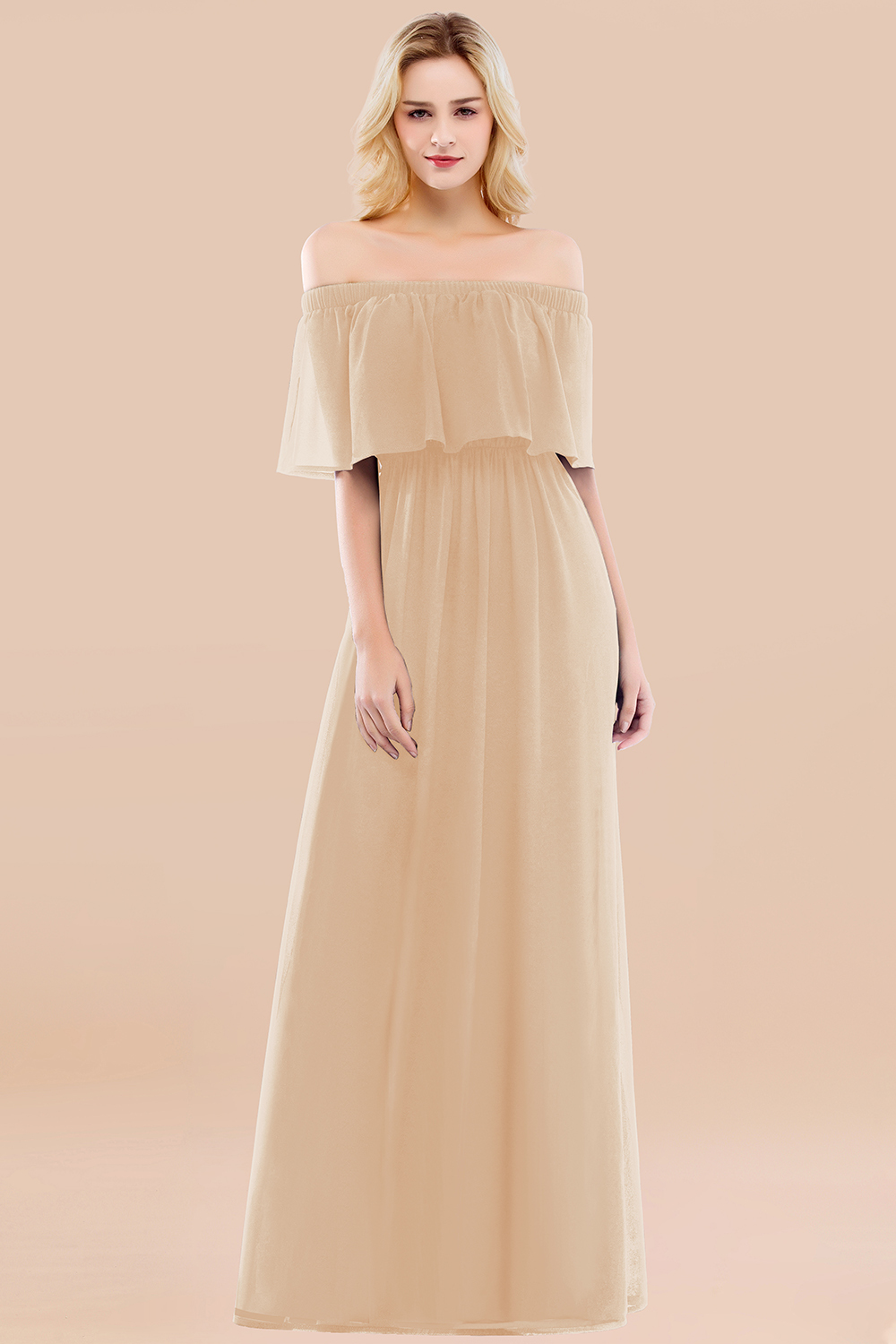 A-line Chiffon Off-the-Shoulder Short-Sleeves Ruffles Floor-length Bridesmaid Dress