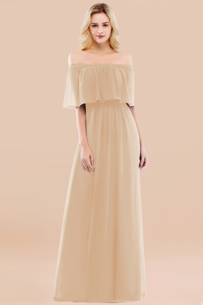 A-line Chiffon Off-the-Shoulder Short-Sleeves Ruffles Floor-length Bridesmaid Dress