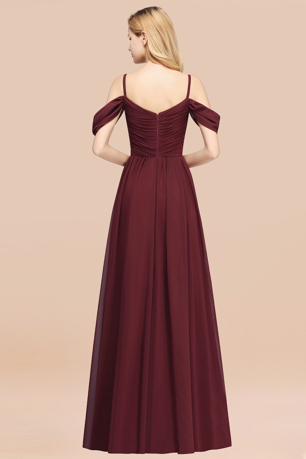 A-Line Chiffon V-Neck Spaghetti Straps Short-Sleeves Floor-Length Bridesmaid Dresses with Ruffles