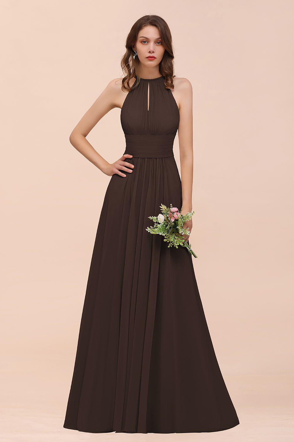 Elegant Long A-Line Jewel Ruffle Chiffon Champagne Bridesmaid Dress
