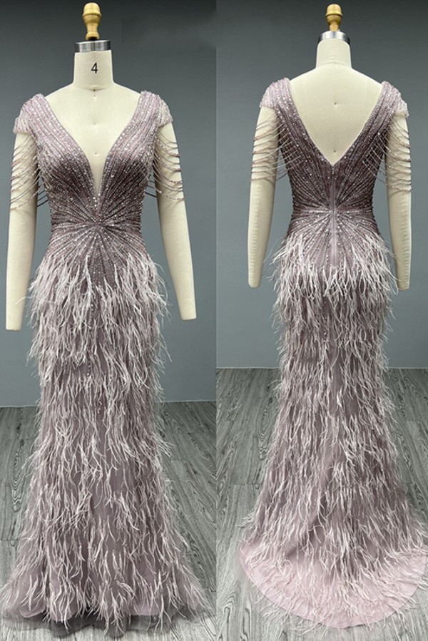 Luxury Long Mermaid V-neck Backless Beading Tulle Formal Prom Dresses with Sleeves