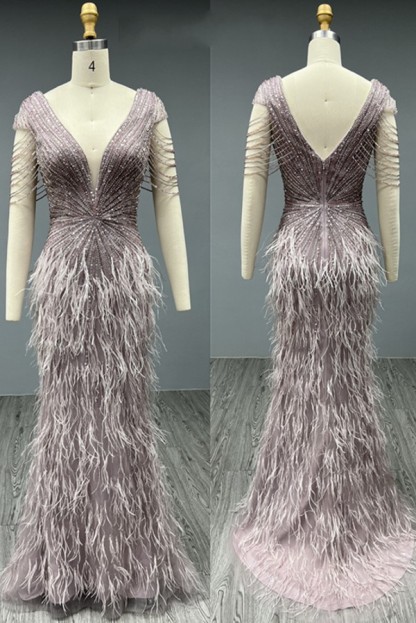 Luxury Long Mermaid V-neck Backless Beading Tulle Formal Prom Dresses with Sleeves