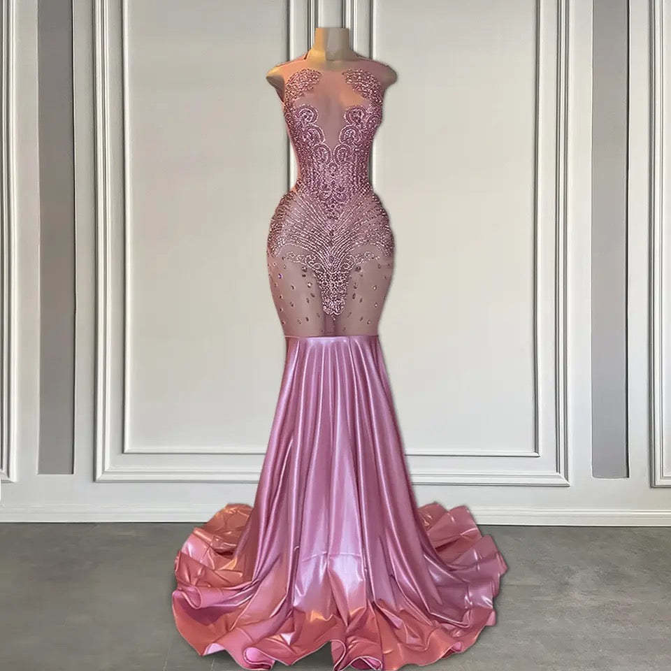 Sexy Long Mermaid Satin Beads Sequin Prom Dresses