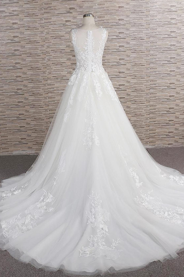 Long Sweetheart Applqiues Lace Tulle A-line Wedding Dress