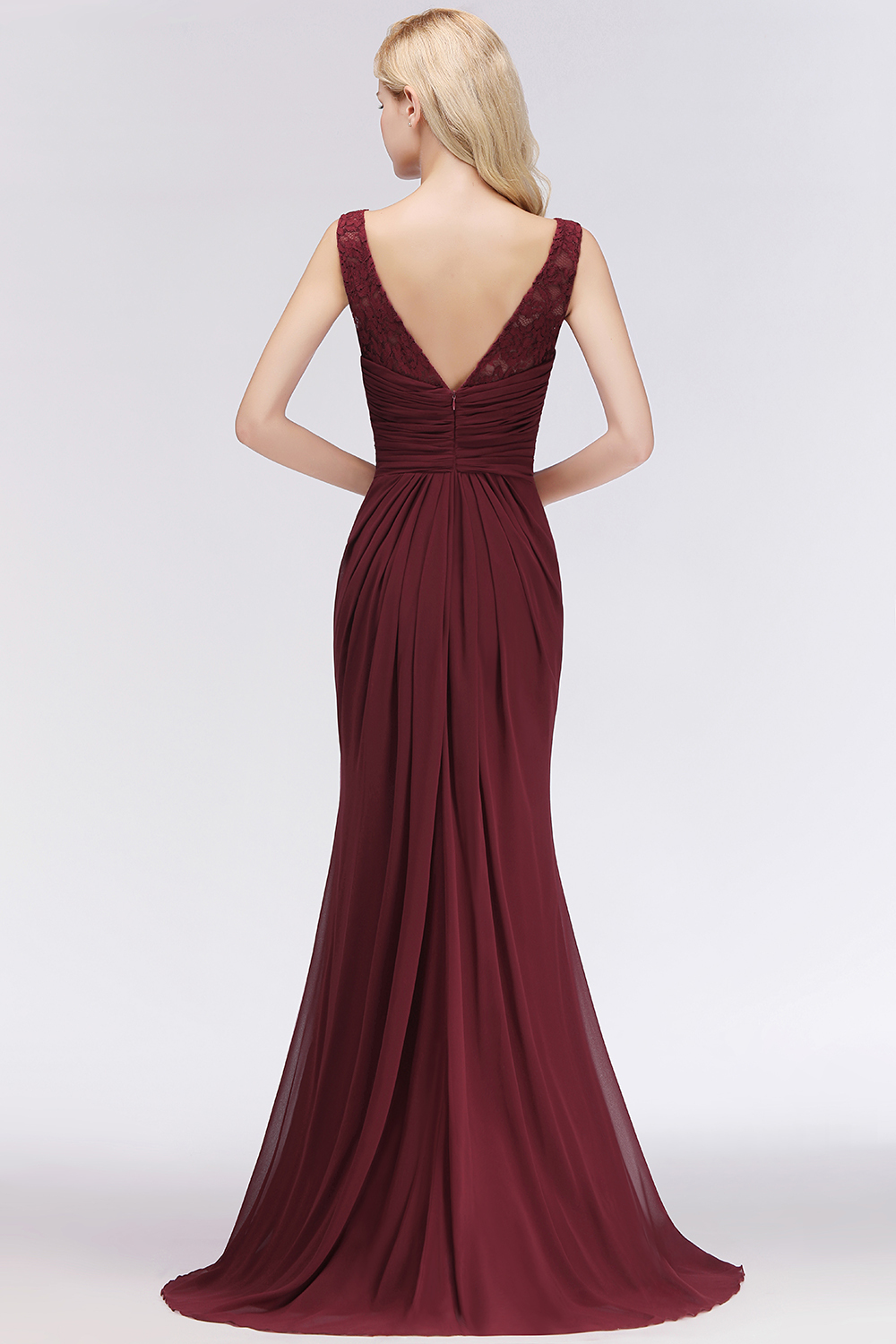 Burgundy Chiffon Lace Scoop A-Line Ruffles Long Bridesmaid Dresses
