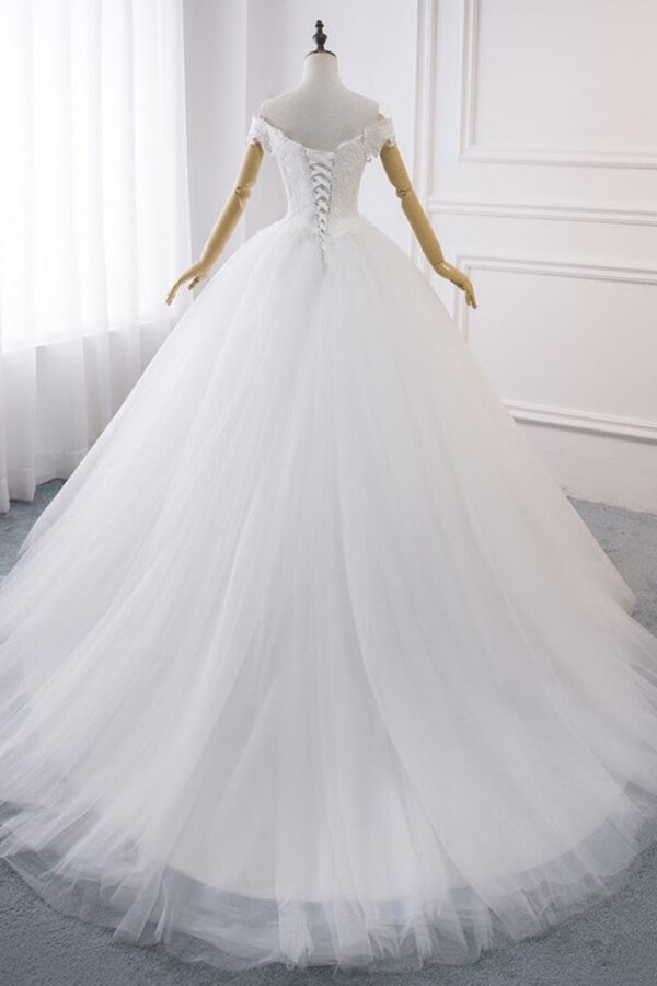 Amazing Long Off the Shoulder V-neck Lace Tulle Ball Gown Wedding Dress
