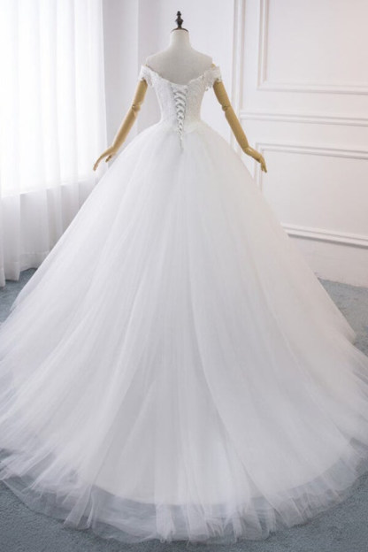 Amazing Long Off the Shoulder V-neck Lace Tulle Ball Gown Wedding Dress