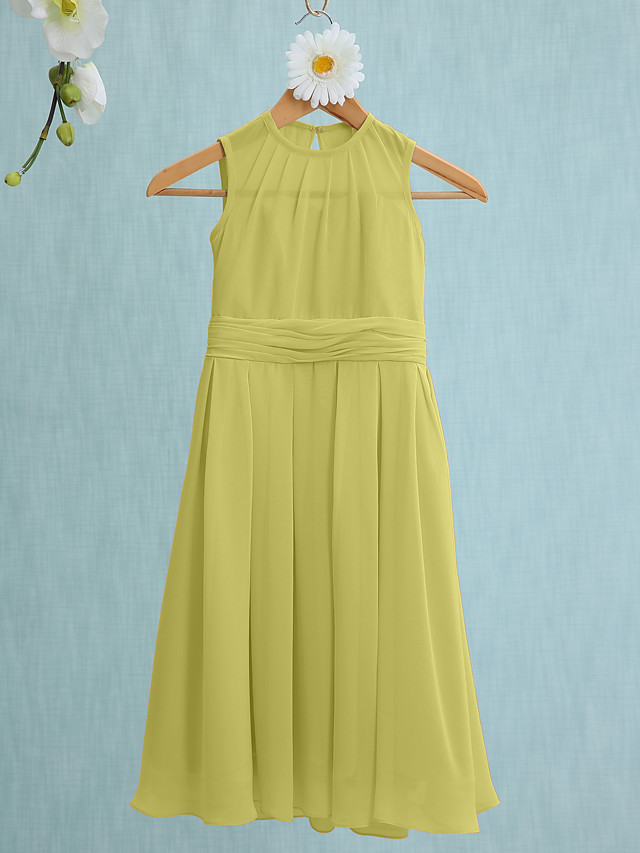 Sky Blue Long A-line Jewel Neck Knee Length Chiffon Junior Bridesmaid Dress