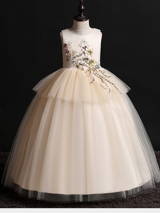 Princess / Ball Gown Floor Length Wedding / Party Flower Girl Dresses - Satin / Tulle Sleeveless Jewel Neck With Bow(S) / Appliques