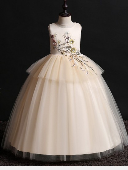 Princess / Ball Gown Floor Length Wedding / Party Flower Girl Dresses - Satin / Tulle Sleeveless Jewel Neck With Bow(S) / Appliques