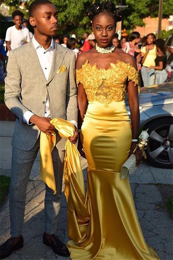 Long Off-the-shoulder Satin Lace Mermaid Prom Dress