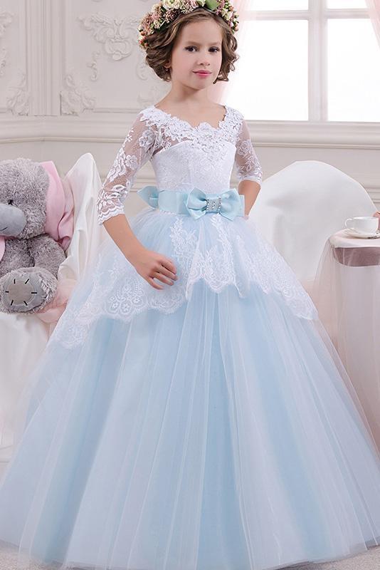 Scoop Neck 3/4 Sleeves Ball Gown Flower Girls Dress