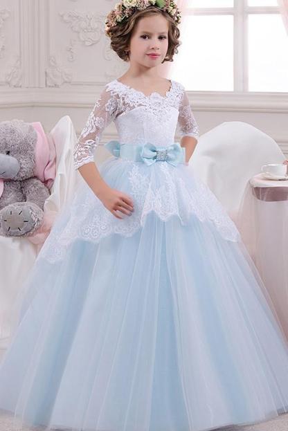 Scoop Neck 3/4 Sleeves Ball Gown Flower Girls Dress