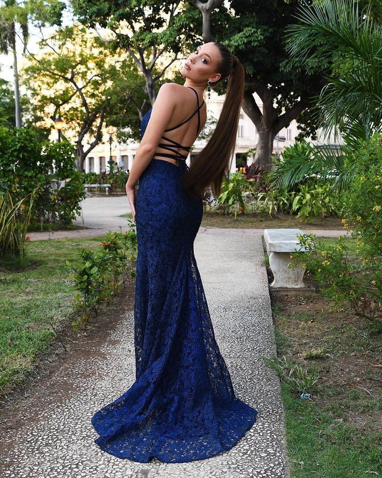 Dark Navy Long Mermaid Strapless Backless Lace Prom Dresses