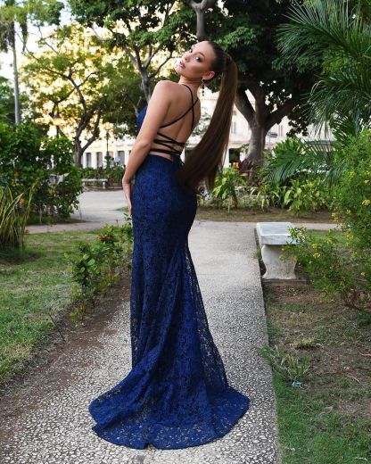 Dark Navy Long Mermaid Strapless Backless Lace Prom Dresses