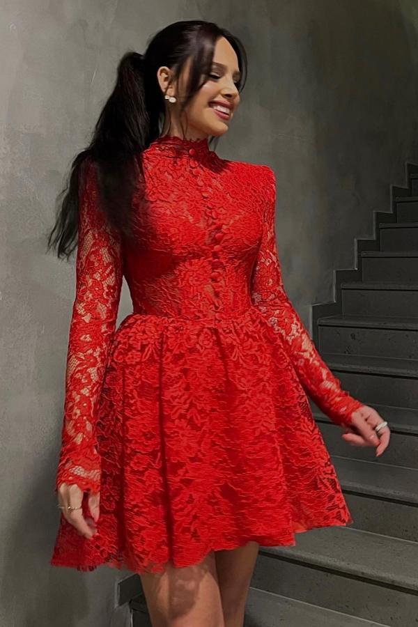Short A-line High Neck Lace Red Homecoming Dresses with Sleeves