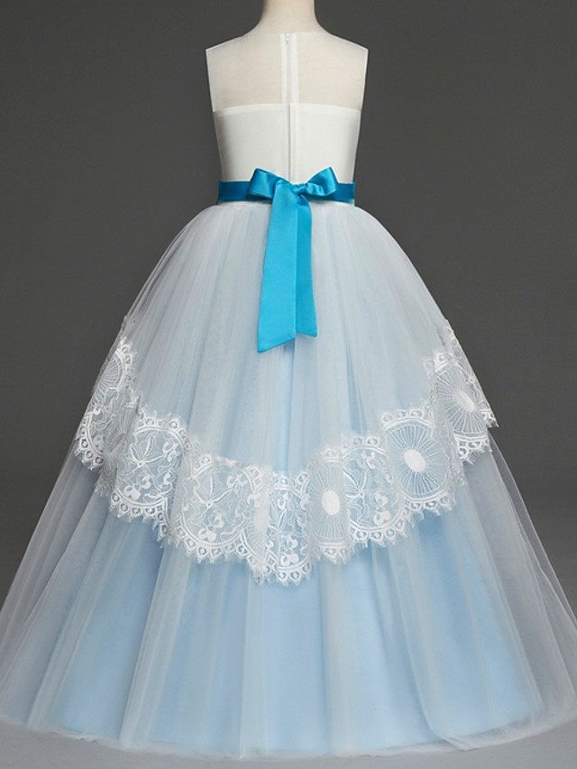 A-Line Floor Length Pageant Flower Girl Dresses - Tulle Sleeveless Jewel Neck With Lace / Bow(S)
