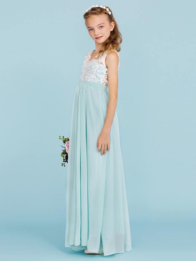 Sheath / Column V Neck Floor Length Chiffon / Lace Junior Bridesmaid Dress With Sash / Ribbon / Pleats / Color Block / Wedding Party / Open Back