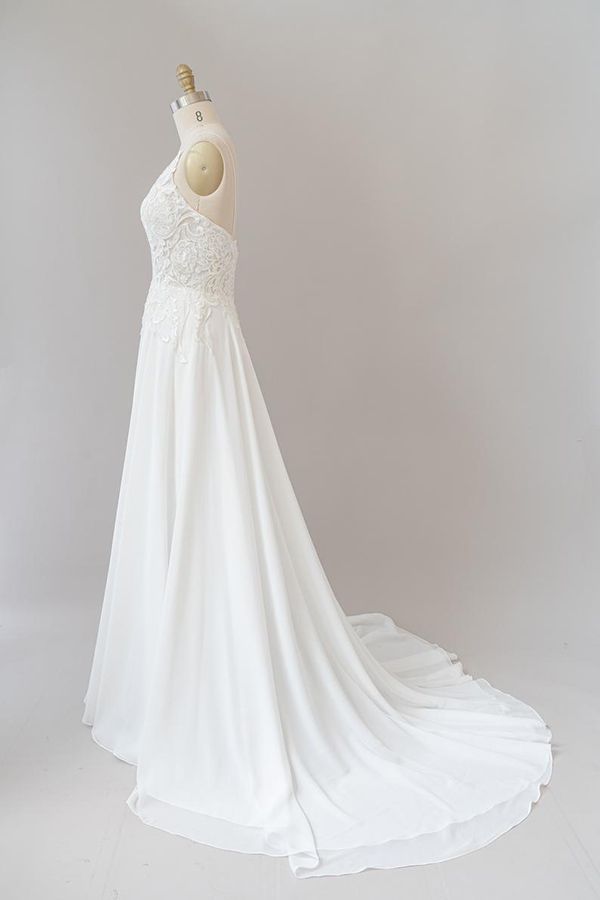 Long A-line Spaghetti Strap Appliques Chiffon Backless Wedding Dress