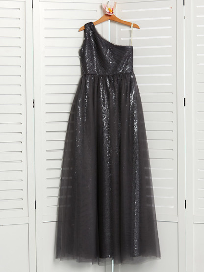 Long A-Line One Shoulder Tulle Junior Bridesmaid Dress