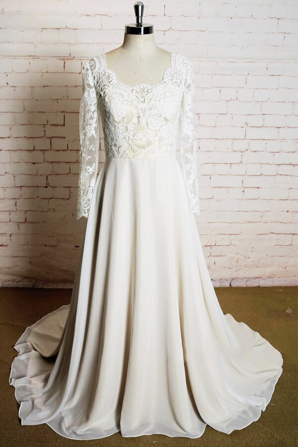 Long Sleeves Chiffon A-line Appliques Lace Wedding Dress
