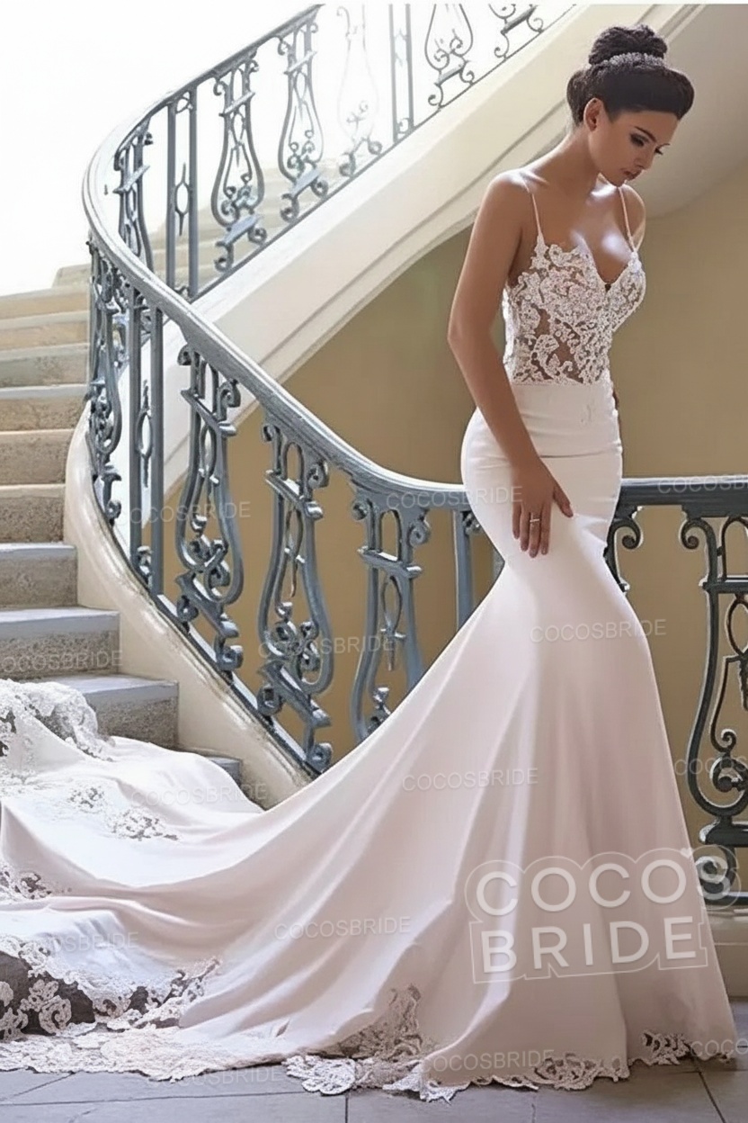 Long Mermaid Spaghetti Strap Sweetheart Lace Backless Wedding Dresses