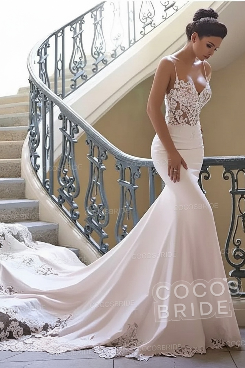 Long Mermaid Spaghetti Strap Sweetheart Lace Backless Wedding Dresses