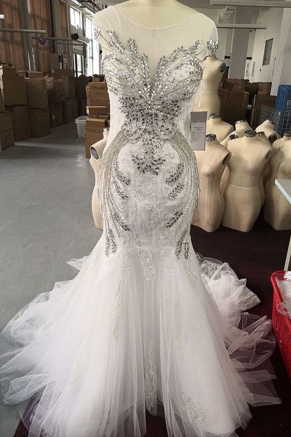 Luxury Long Mermaid Tulle Beadings Backless Prom Dress with Cap Sleeves