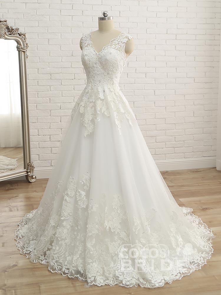 Elegant Long A-line V-Neck Lace Tulle Lace Wedding Dresses