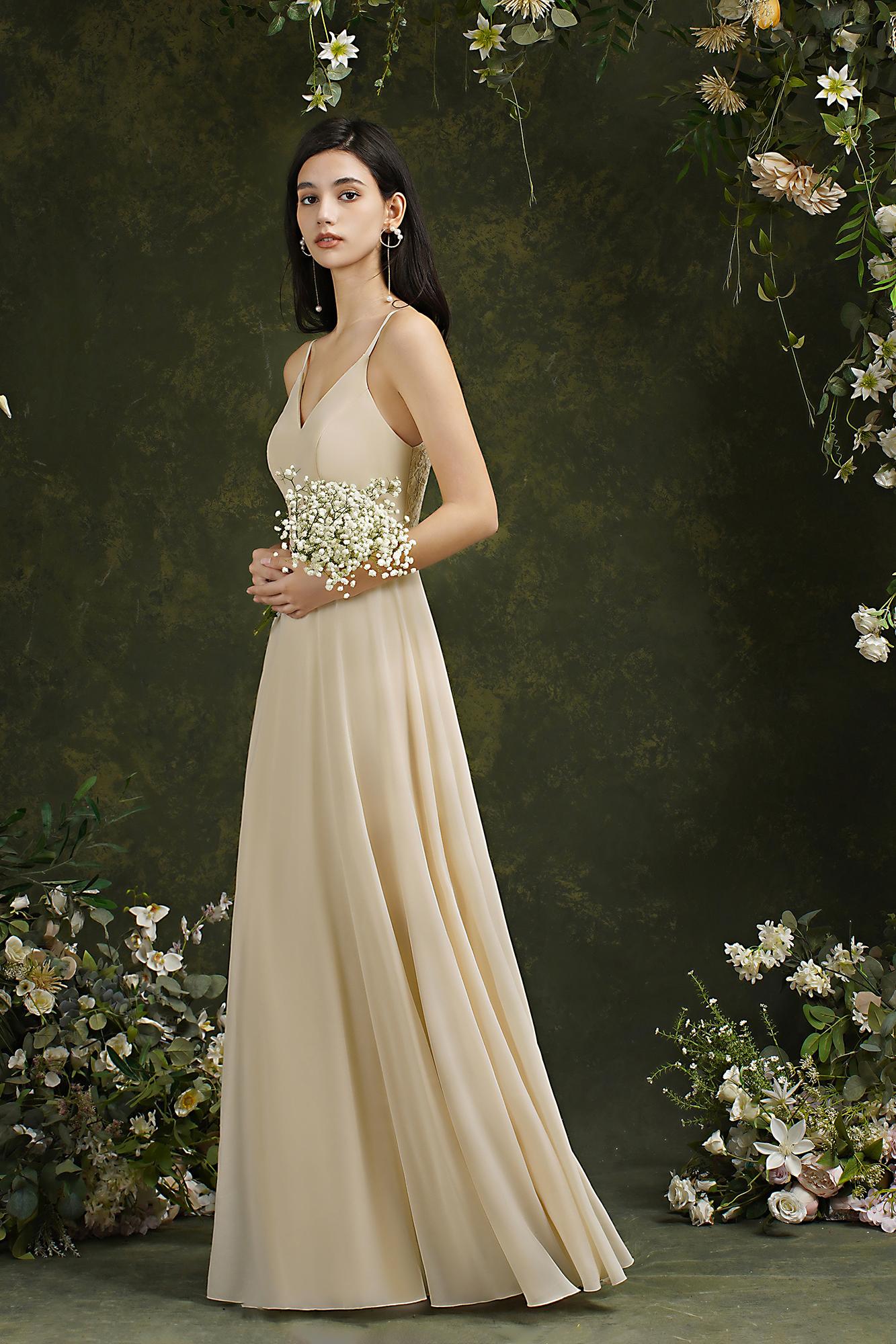 Long A-line Spaghetti Straps V-neck Floor Length Chiffon Formal Evening Dress