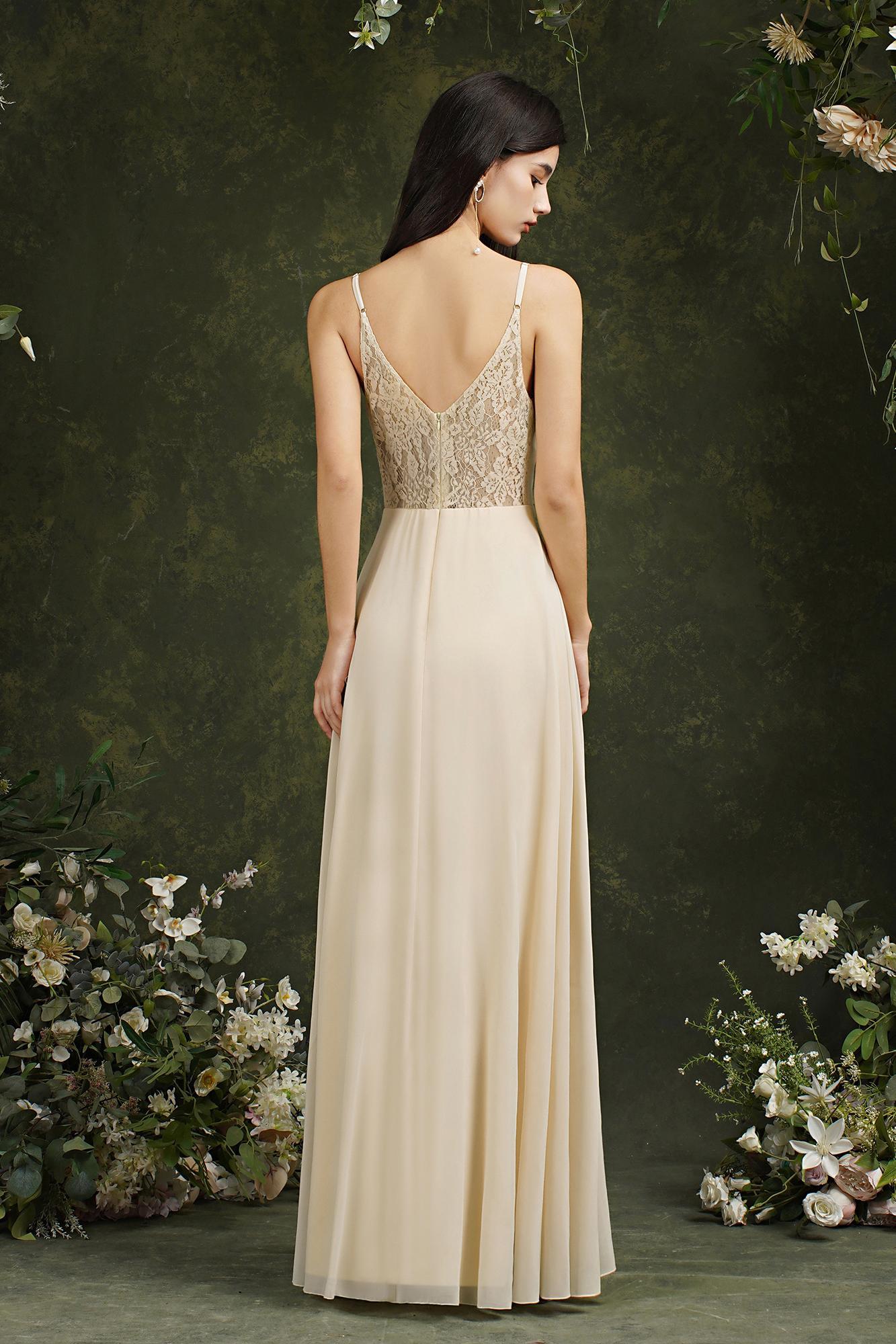 Long A-line Spaghetti Straps V-neck Floor Length Chiffon Formal Evening Dress