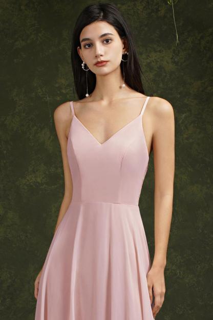 Long A-line Spaghetti Straps V-neck Floor Length Chiffon Formal Evening Dress