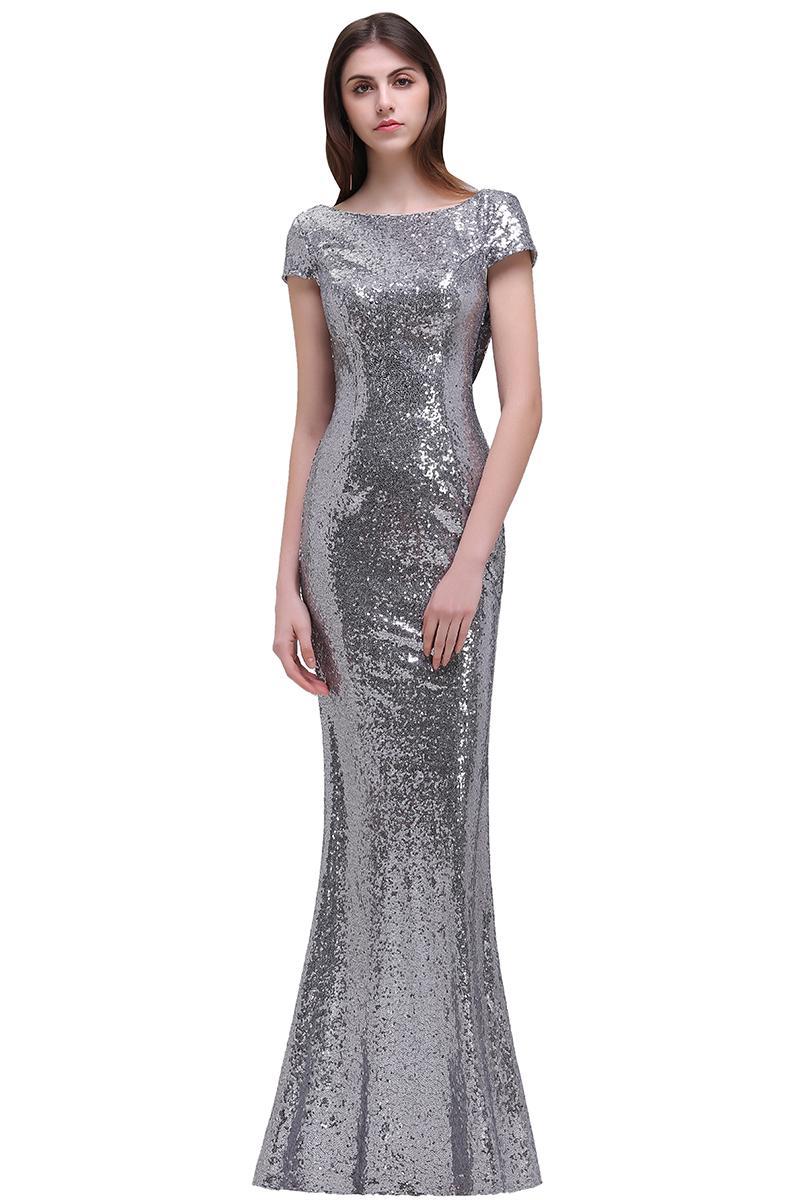 Golden Sequins Scoop Neck Mermaid Evening Dress Floor Length Bridesmaid Dress