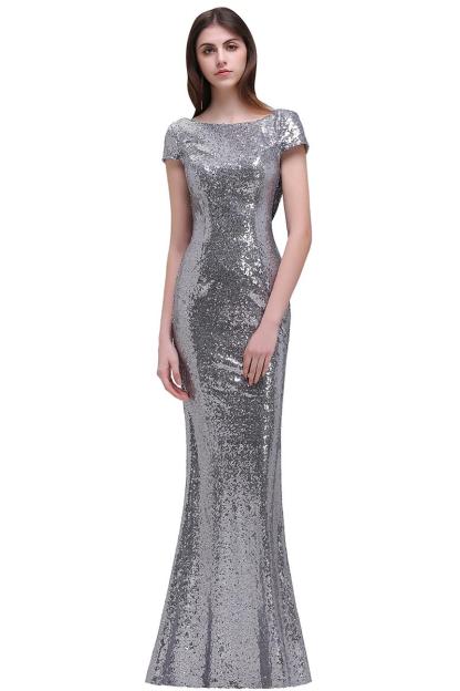 Golden Sequins Scoop Neck Mermaid Evening Dress Floor Length Bridesmaid Dress