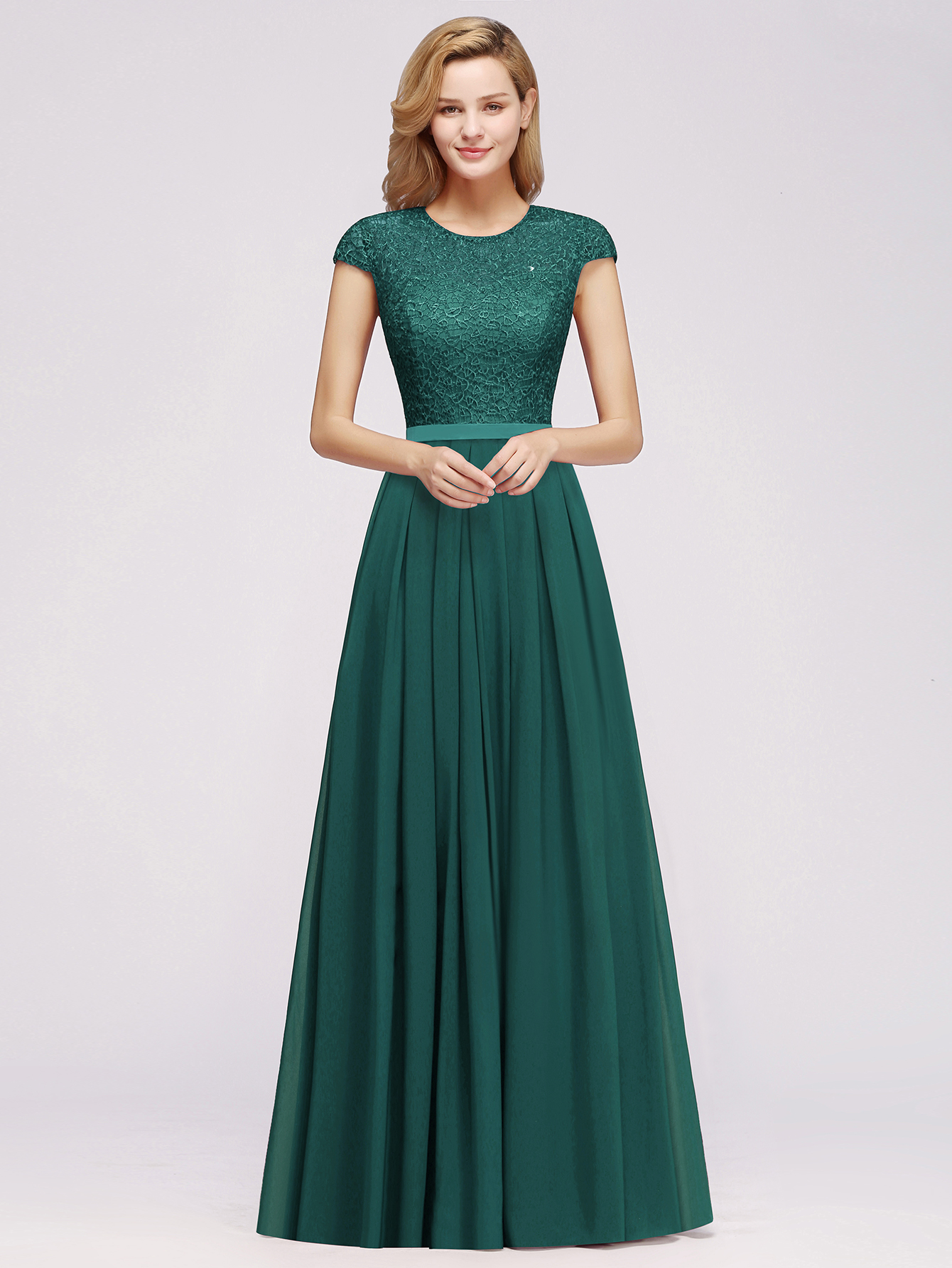 A-line Chiffon Crew Neck Capped Floor Length Bridesmaid Dress with Lace Hollowout