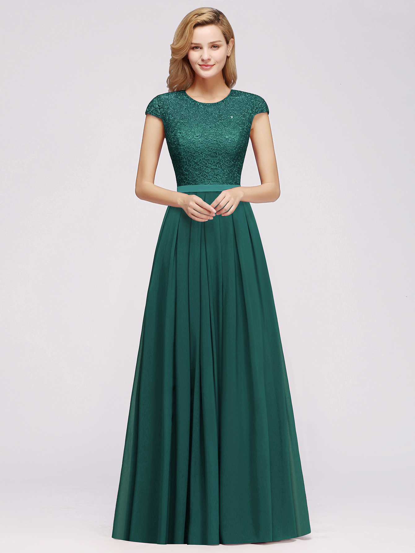 A-line Chiffon Crew Neck Capped Floor Length Bridesmaid Dress with Lace Hollowout