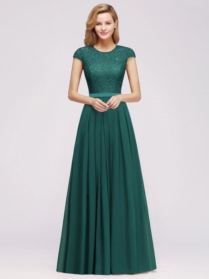 A-line Chiffon Crew Neck Capped Floor Length Bridesmaid Dress with Lace Hollowout