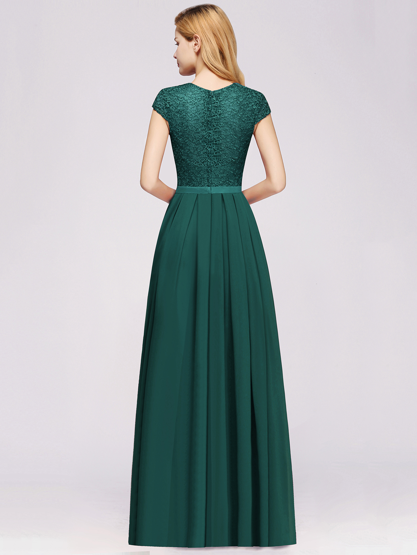 A-line Chiffon Crew Neck Capped Floor Length Bridesmaid Dress with Lace Hollowout
