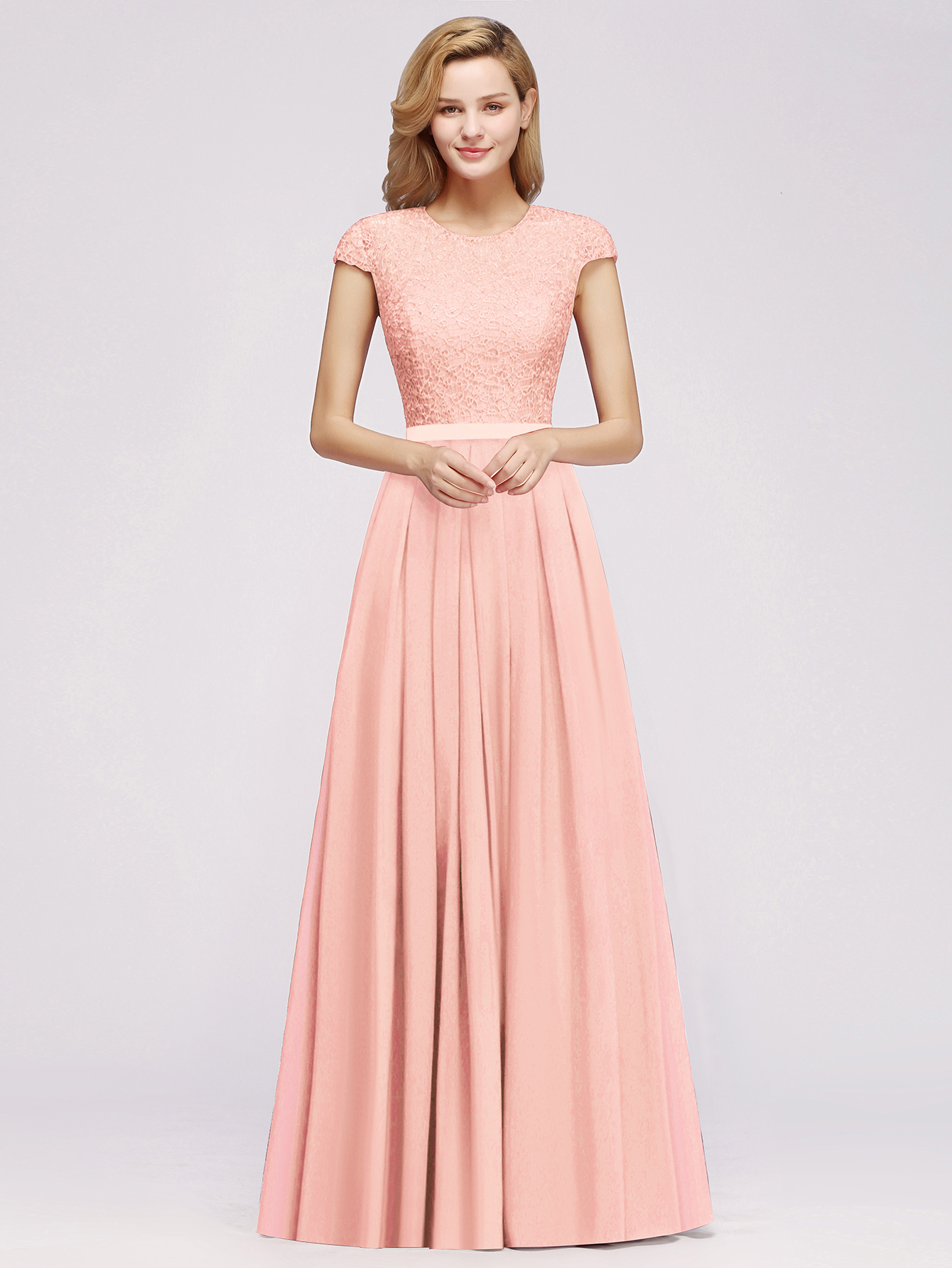 A-line Chiffon Crew Neck Capped Floor Length Bridesmaid Dress with Lace Hollowout