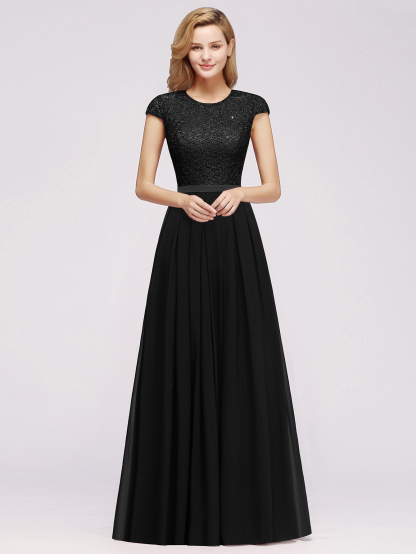 A-line Chiffon Crew Neck Capped Floor Length Bridesmaid Dress with Lace Hollowout