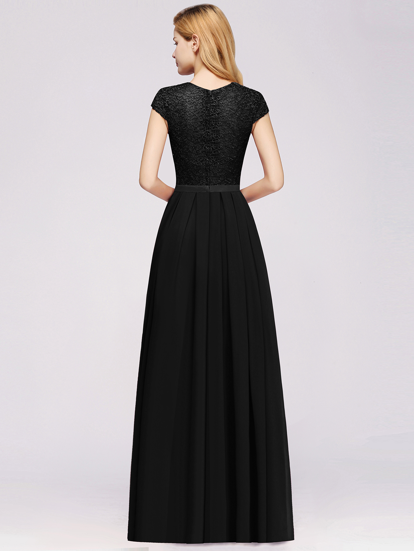 A-line Chiffon Crew Neck Capped Floor Length Bridesmaid Dress with Lace Hollowout